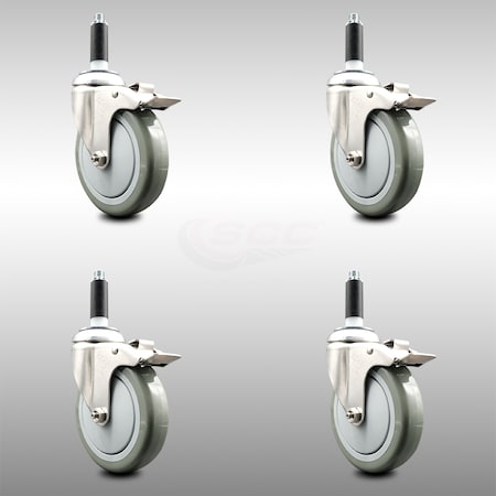 Service Caster 5 Inch 316SS Gray Poly Swivel 3/4 Inch Expanding Stem Caster Set Lock Brake SCC-SS316TTLEX20S514-PPUB-34-4
